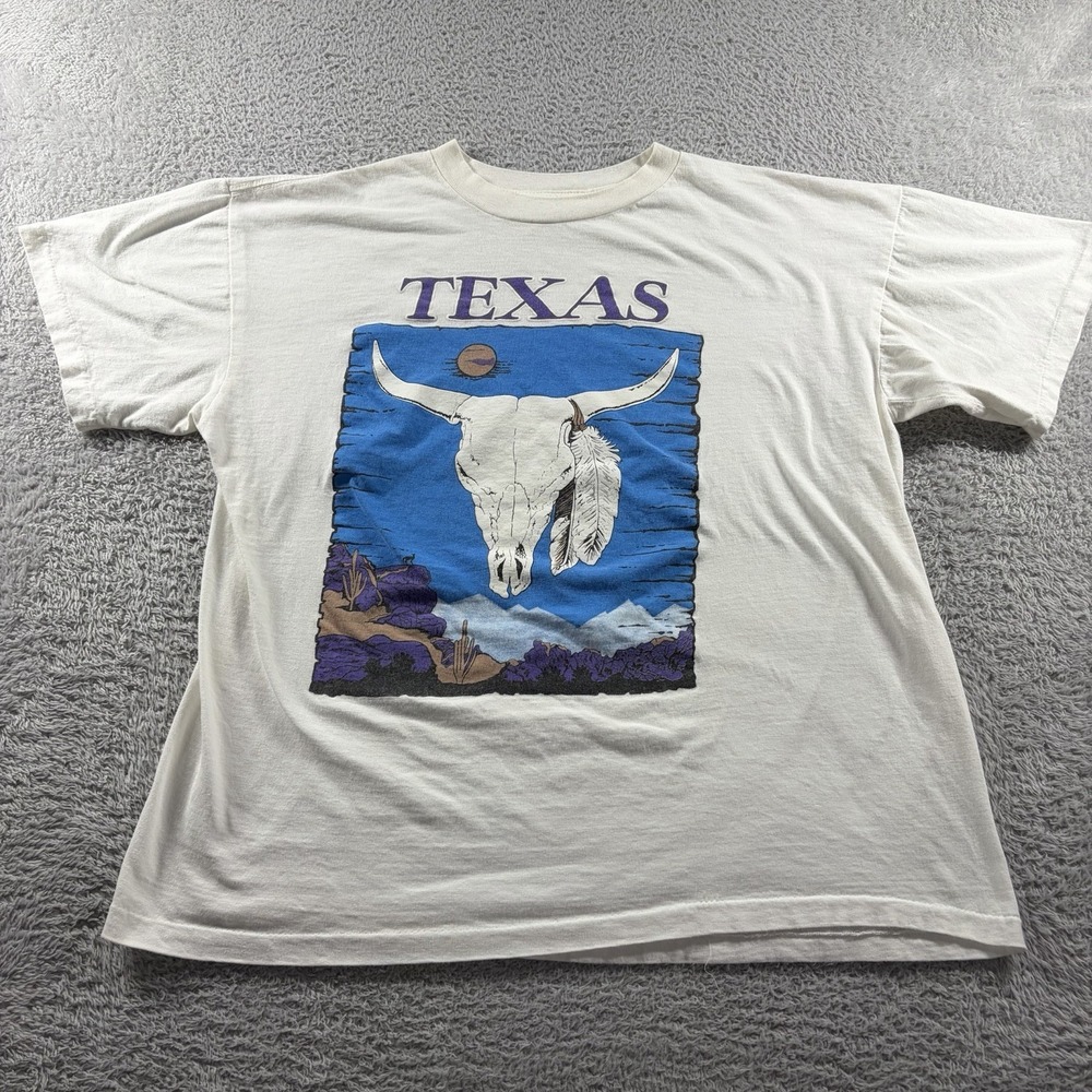 VINTAGE Nature Texas T Shirt Mens Large White Aztec Western Ranch‎